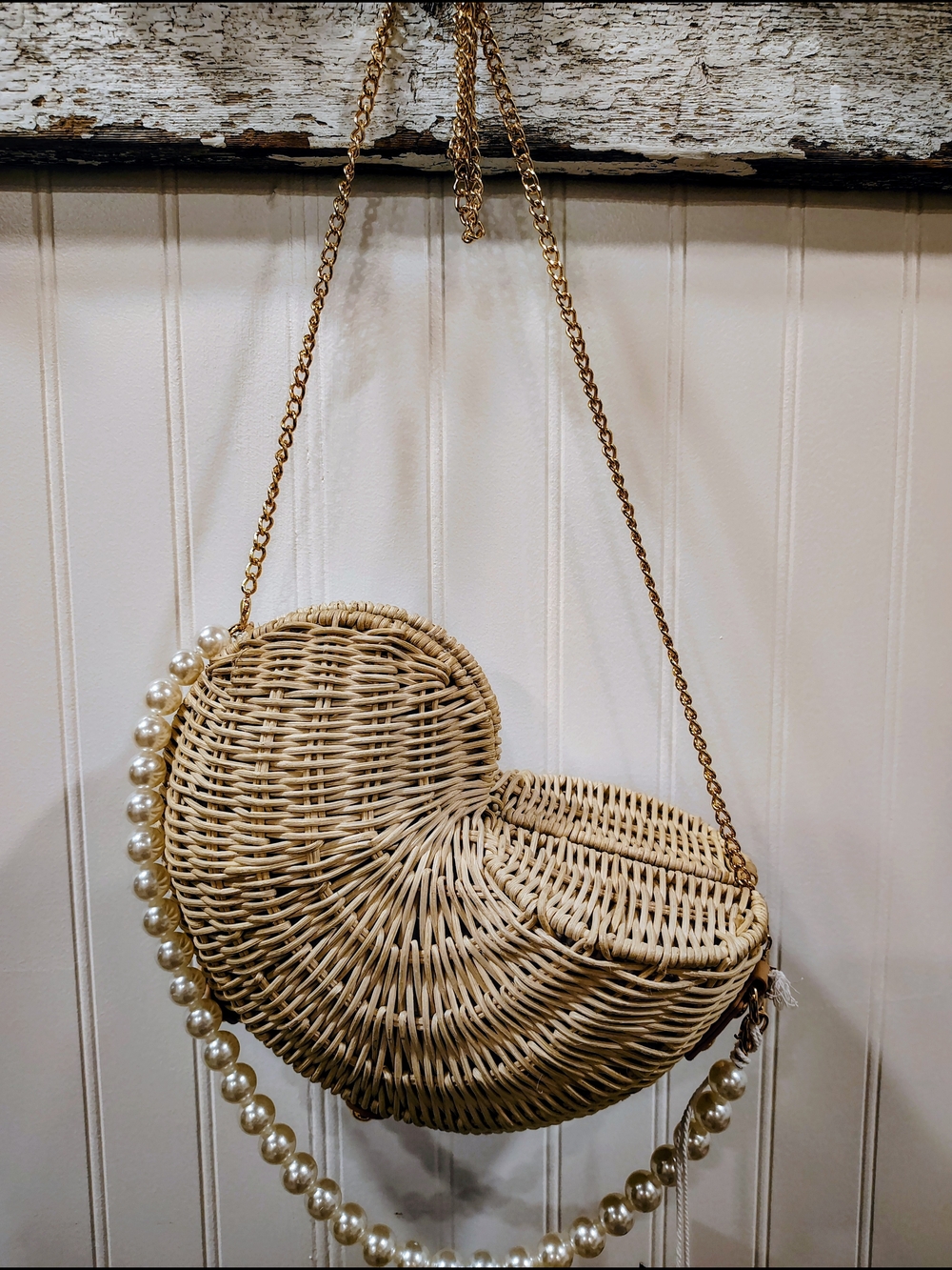 Haute Hippie Woven Rattan Crescent Crossbody with Pearl Strap - Natural - Picture 11 of 15